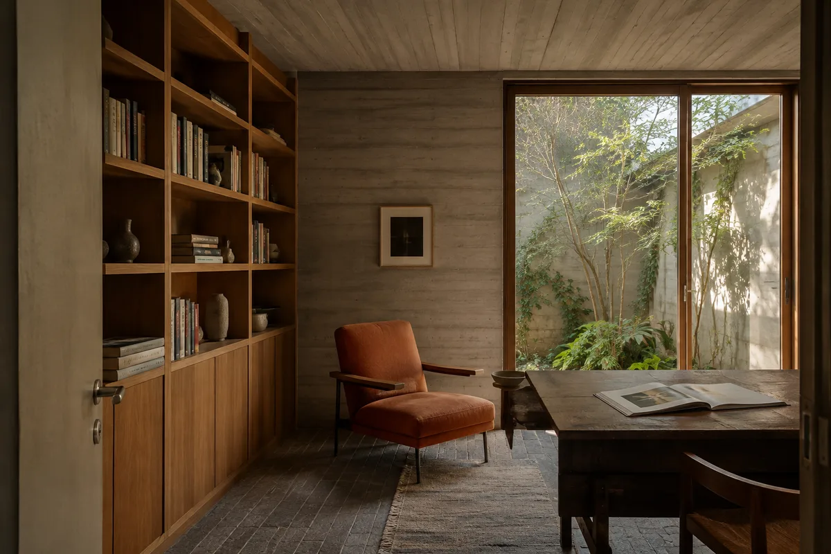 Fiktiver architektonischer Innenraum: Bücherregal aus Holz, Sessel in Terrakotta und begrünter Innenhof. Generiertes Bild.