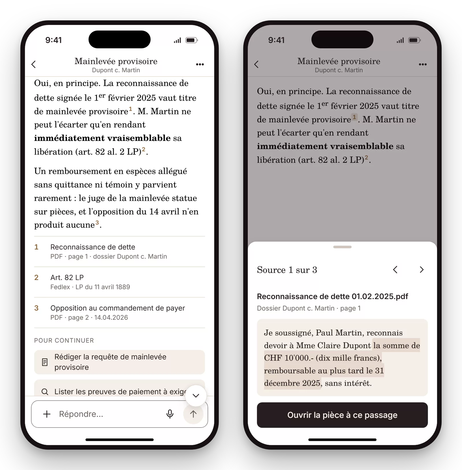 Zwei Bildschirme von Arkiva auf dem Telefon: eine juristische Antwort mit nummerierten Quellen und die genaue Stelle des zitierten Aktenstücks