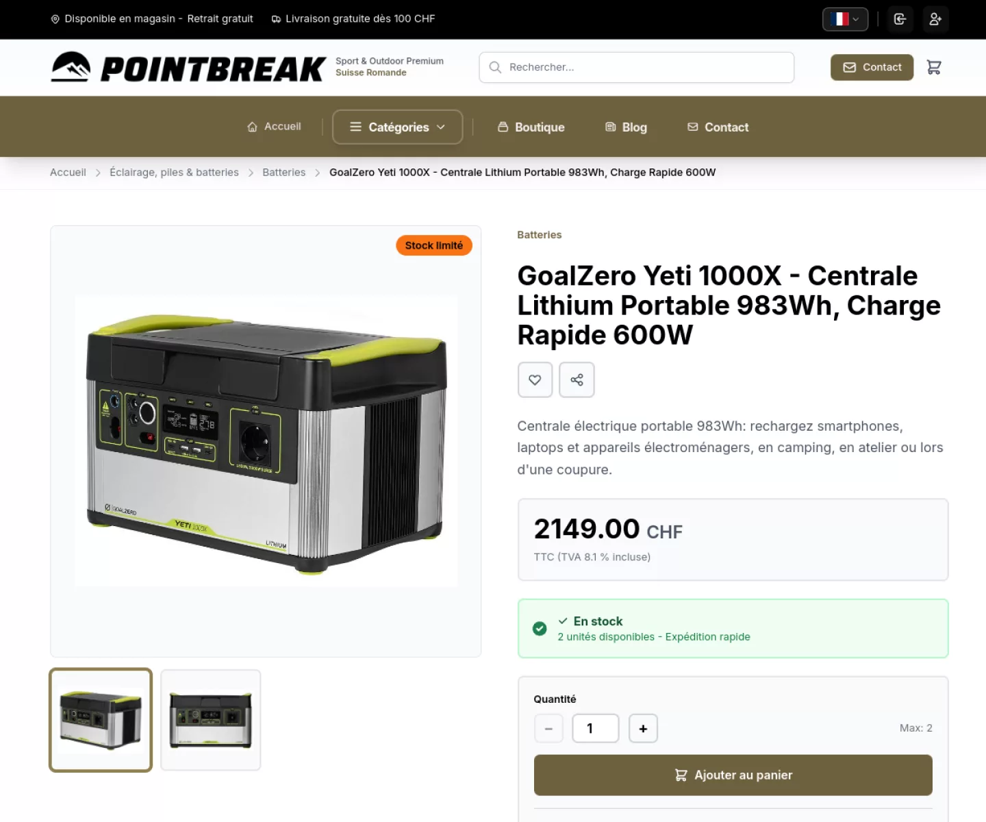 Produktseite des Pointbreak-Shops mit Lagerbestand in Echtzeit